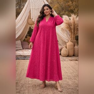 SHEIN Hot Pink Eyelet Embroidered Button-Up Midi Dress Boho Long Sleeve